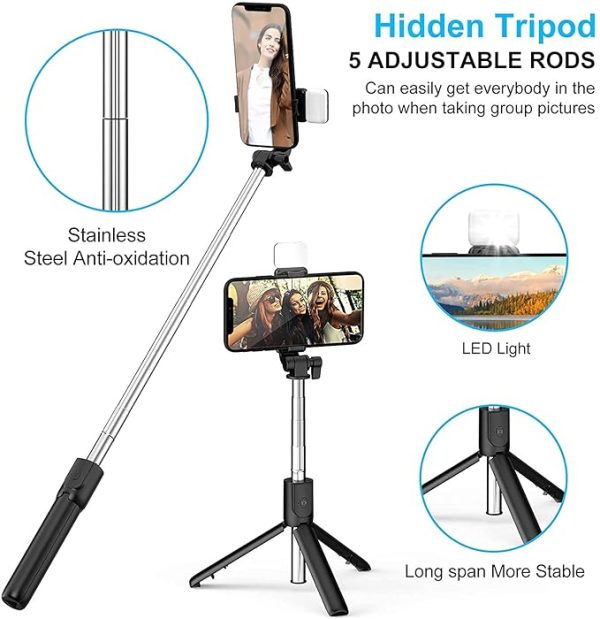 DADNSON R1 Selfie Stick, Extendable Tripod Stand,Wireless Bluetooth Remote 101 Monopod  (Black, Supports Up to 300 g) - Image 4