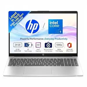 HP 15 Laptop, (14th Gen Core i5) Intel Core 5-120U (24GB RAM, 512GB SSD, Win 11, M365 Basic(1yr)* Office24,15.6''/39.6cm FHD Anti-Glare Display, Backlit KB, FHD Camera, Dual Speakers, Silver, 1.59kg)