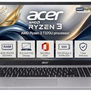 Acer 15 Smartchoice, AMD Ryzen 3-7320U, 15.6" Full HD Display, | 8GB DDR5 RAM 5500 Mhz, 256GB SSD New Gen, Windows 11Home, Ms office 21, Antivrus, 1.59KG, Professional Thin and Light Laptop