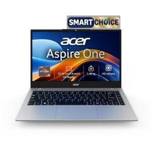 Acer Smartchoice Aspire One, AMD Ryzen 5-40, 8GB LPDDR5 RAM/ 256GB SSD, 14.0"/35.56cm WXGA Display, Win 11 Home, Pure Silver, 1.48KG, A114-43, Thin and Light Laptop