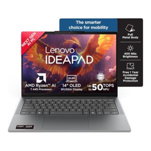 Lenovo IdeaPad Slim 5 AMD Ryzen AI 7 445 (16GB RAM/512GB SSD/16 (40.6cm)/WUXGA OLED/Copilot+ PC/Windows 11/MSO 365 Basic+Office 2024/1Yr ADP Free/Grey/1.4Kg), 83S2005SIN AI Laptop