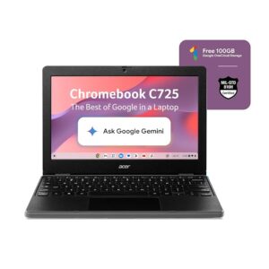 Acer Chromebook, MediaTek Kompanio 540 Octa-Core Processor, 4GB RAM, 64GB eMMC, Full HD, 11.6"/27.94cm Display, Chrome OS, Black, 1.2 KG, C725, Arm Mali G57 Graphics, WiFi 6E Laptop