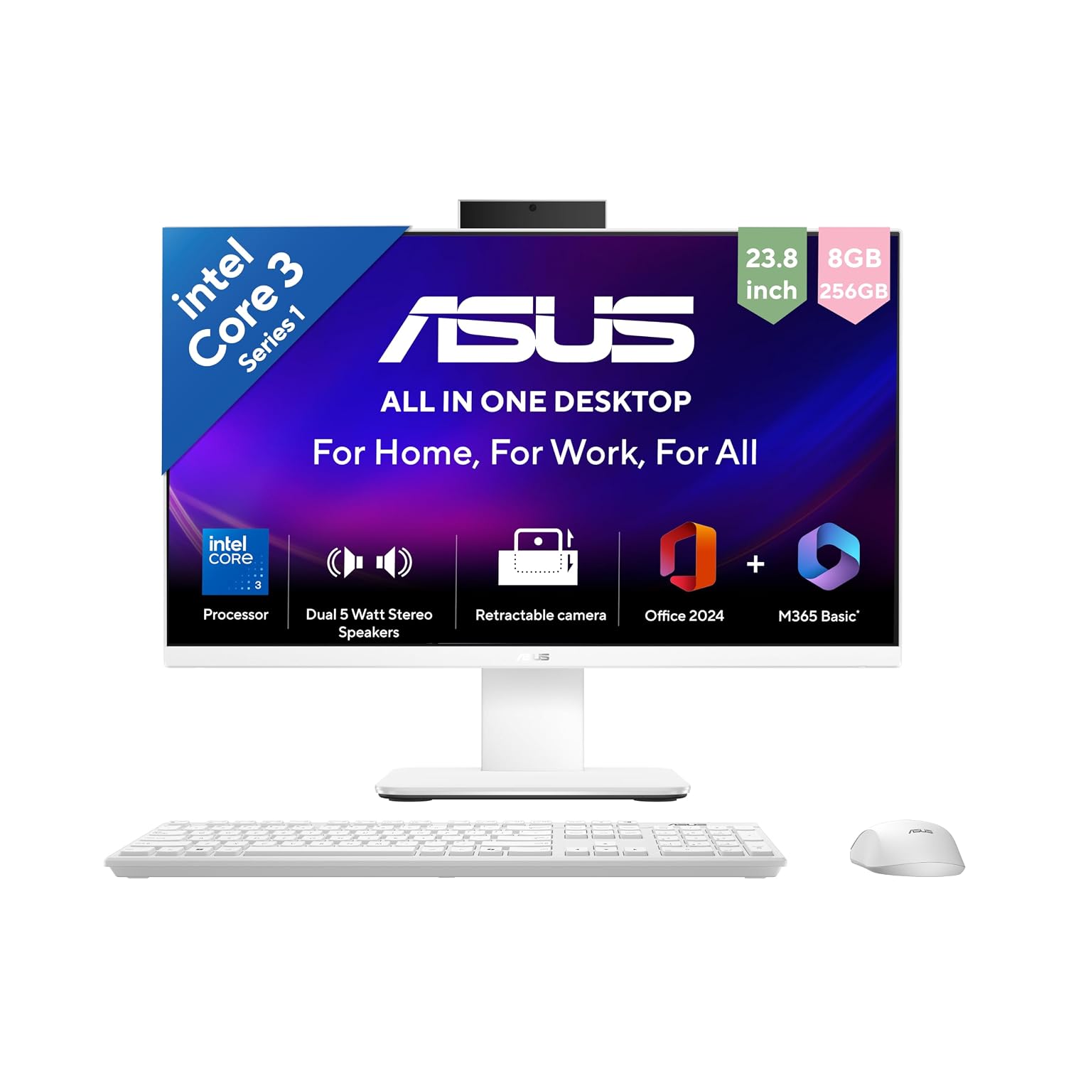 ASUS V440 (2026),i3-14th Gen,Intel Core 3 100U,Intel iGPU,8GB/256GB,FHD,23.8"(60.45 cm),Win 11,M365 Basic(1Y),Office 24,White,5.46 kg,V440VAB-KWC3006WS,with Wireless Keyboard & Mouse,All in One PC