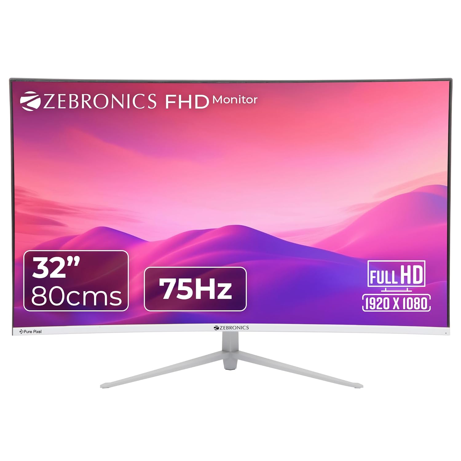 ZEBRONICS AC32FHD LED Curved 75Hz 80Cm (32") (81.28 Cm) 1920x1080 Pixels FHD Resolution Monitor with HDMI + VGA Dual Input, Built-in Speaker, Max 250 Nits Brightness, White